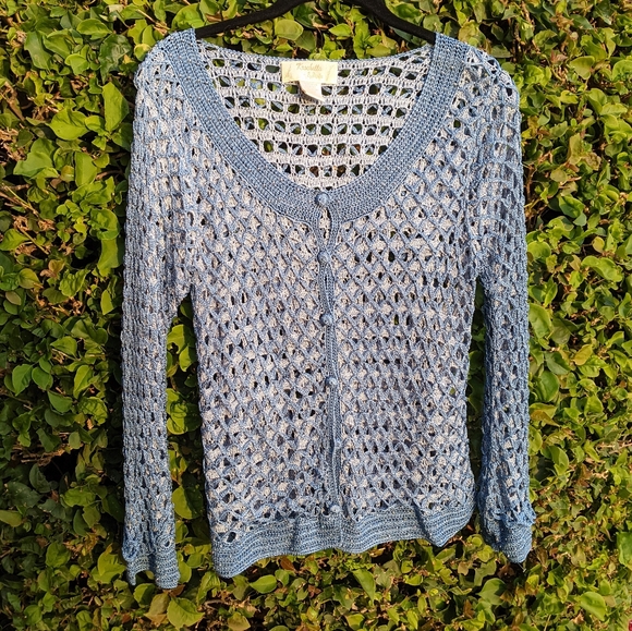 Vintage Sweaters - VTG Blue Crochet Cardigan